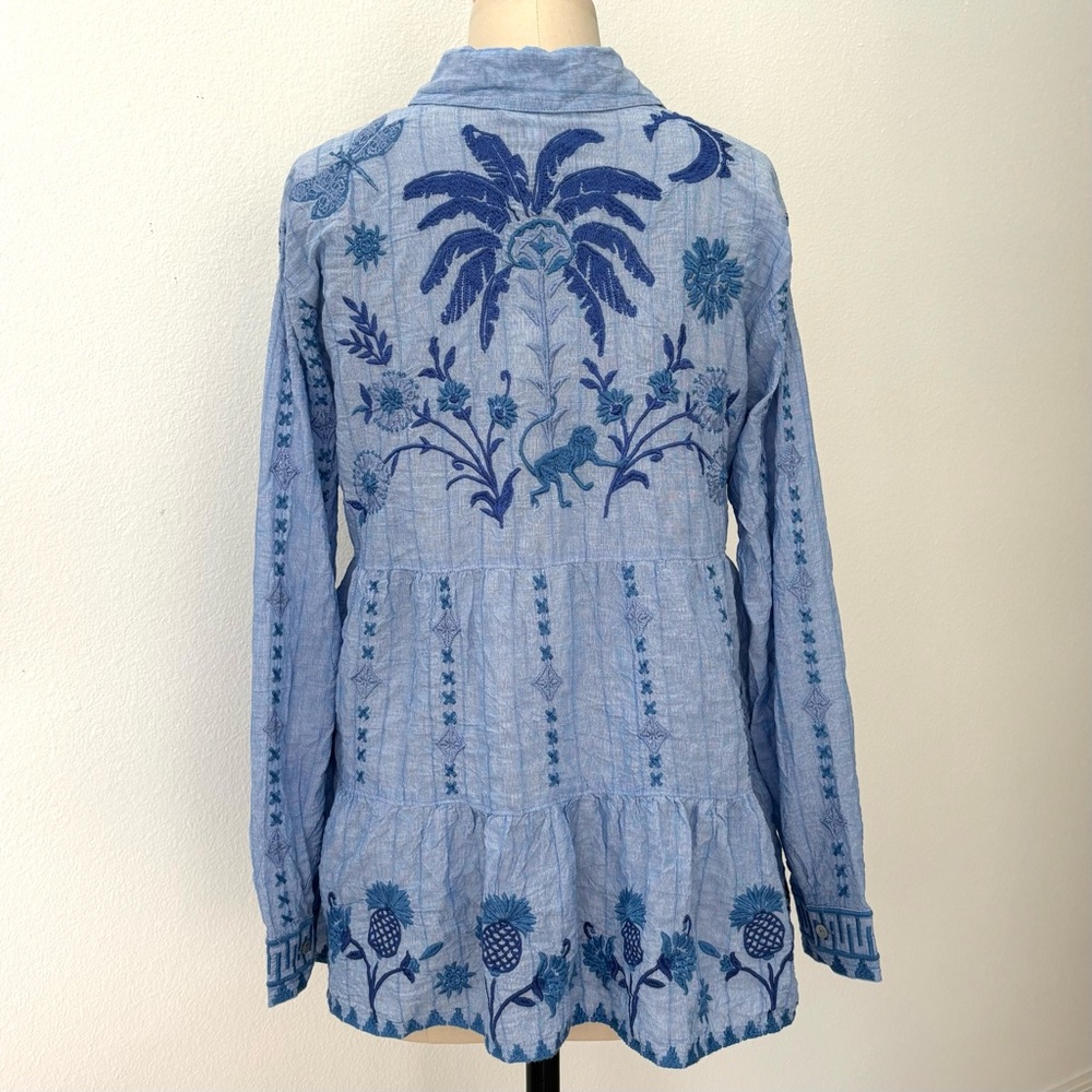 Johnny Was Workshop Tarra Tunic NWT Blue Cotton Blend Tropical Embroidery Boho M - Picture 7 of 11